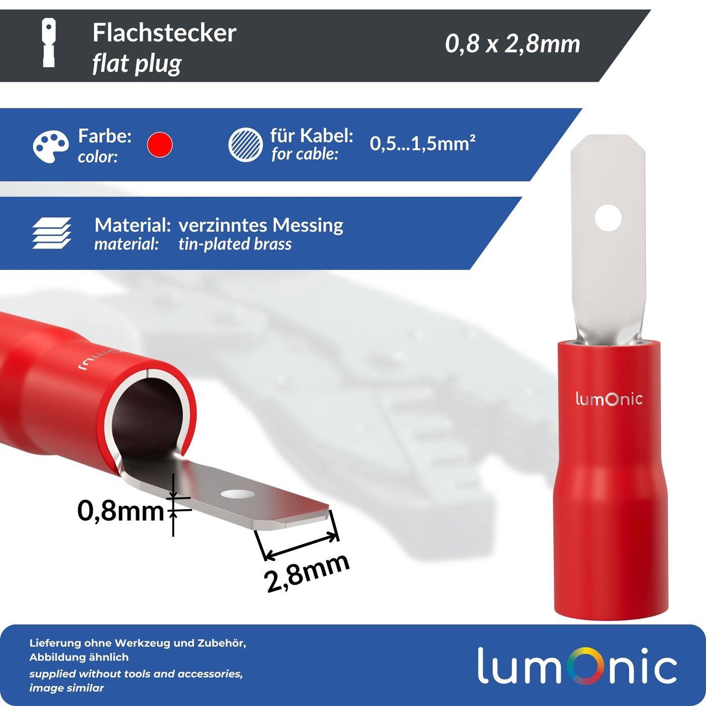 Lumonic 25x Flachstecker 0,5-1,5mm²  | für Flachsteckhülse 0,8 x 2,8mm | teilisoliert | Kabelverbinder ohne Löten | Messing verzinnt | KFZ, Maschinenbau