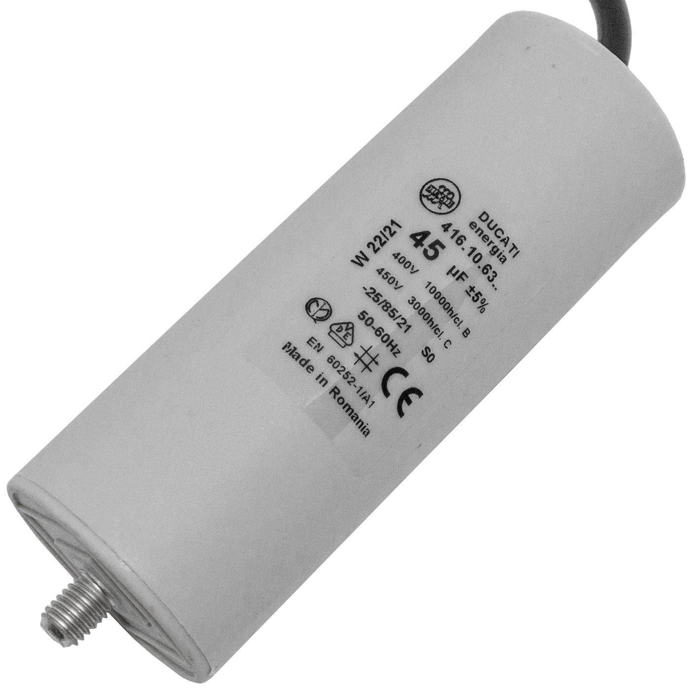Anlaufkondensator Motorkondensator 45µF 400V 45x119mm Kabel 35cm Ducati 416.10.63 B 45uF