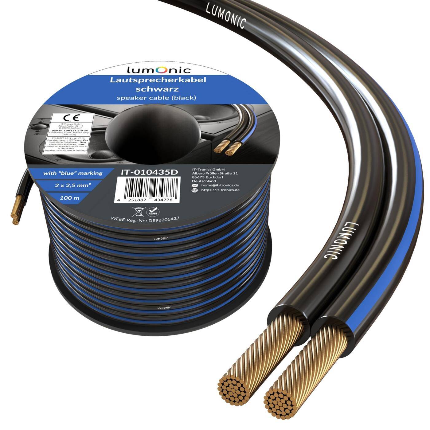 100m Lautsprecherkabel 2x 2,5mm² Schwarz CCA HiFi Boxenkabel Audio Zwillingsleitung