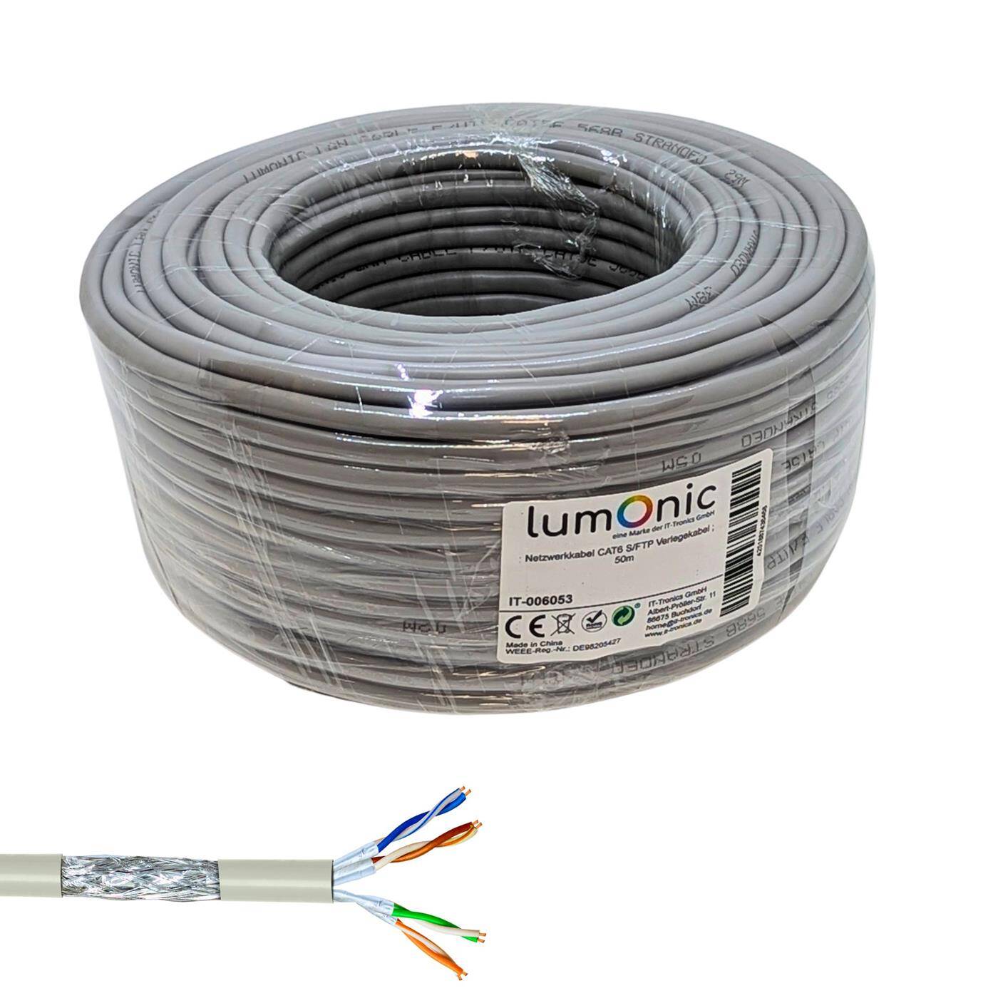 Lumonic 50m Netzwerkkabel CAT 6 S/FTP PIMF I Cat6-kabel, Gigabit Lan Kabel, Ethernet Kabel I Flexibles Verglegekabel geschirmt, für den Innenbereich bis 250 MHz
