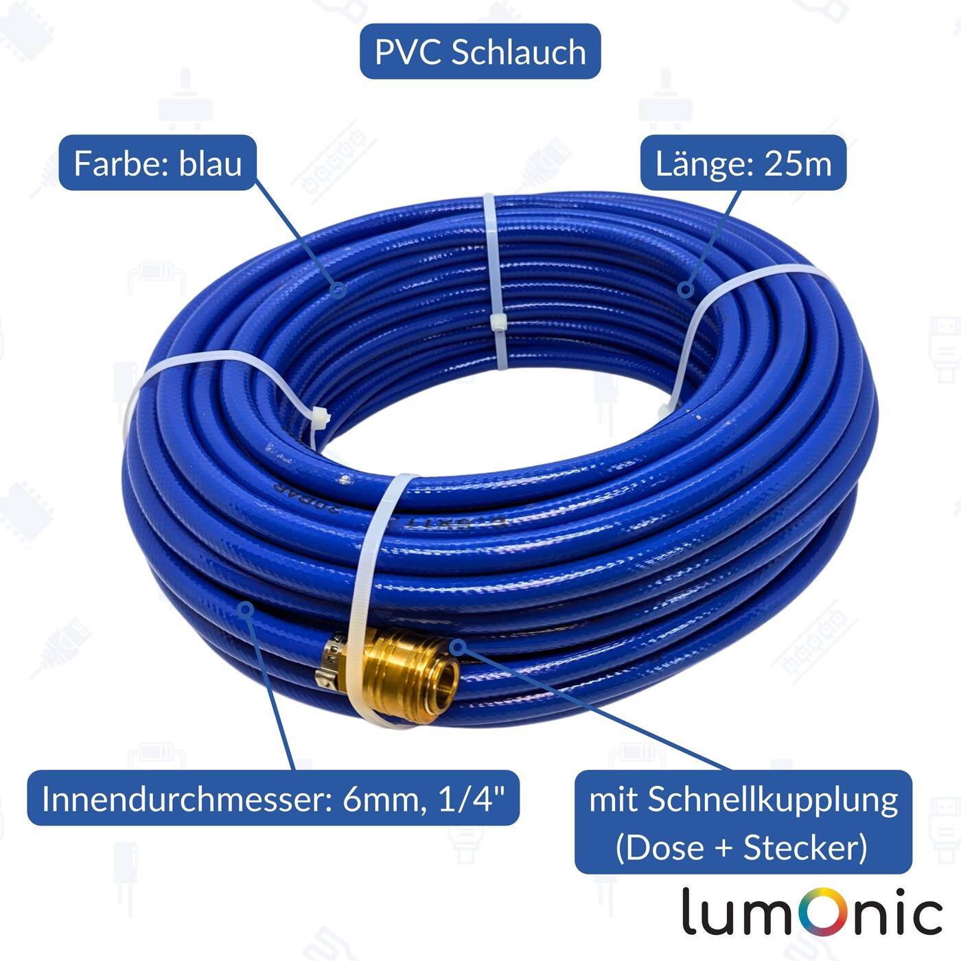 25m Druckluftschlauch mit Schnellkupplung 6mm PVC Druckluftverlängerung Dose & Stecker fertig konfektioniert flexibel, abriebfest und gewebeverstärkt 25m Druckluftschlauch mit Schnellkupplung 6mm PVC Druckluftverlängerung Dose & Stecker fertig konfektioniert flexibel, abriebfest und gewebeverstärkt