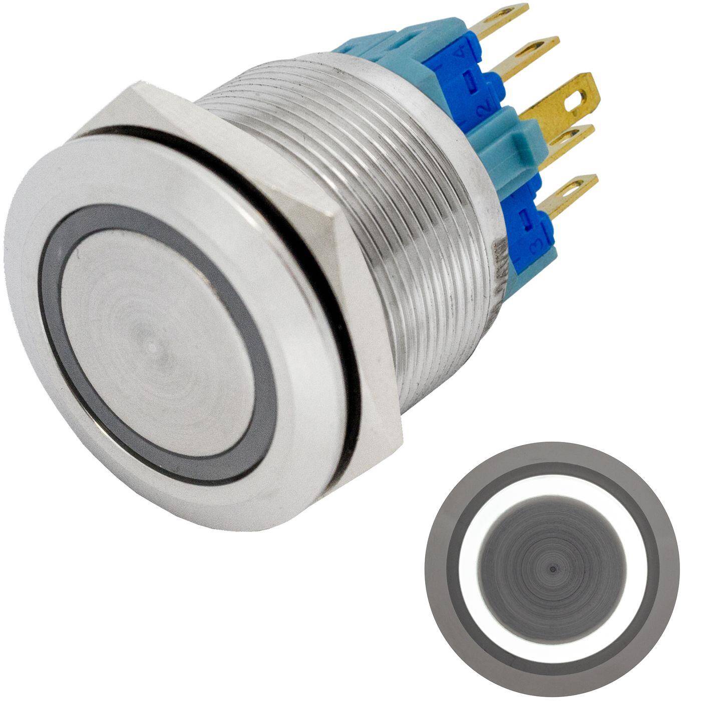 Lumonic Edelstahl Druckschalter flach 25mm Durchmesser I Mit einer Ring LED in Kalt-Weiß Maße: 2,8x0,5mm Pin s 250V 3A I Vandalismussicher nach dem IP65 Standard