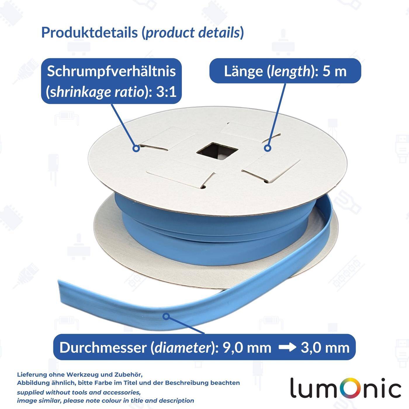 Lumonic 5m Schrumpfschlauch Box 3:1 Blau - Hier von: 9mm auf 3mm - Dickwandiger Schrumfpschlauch in verschiedenen Größen