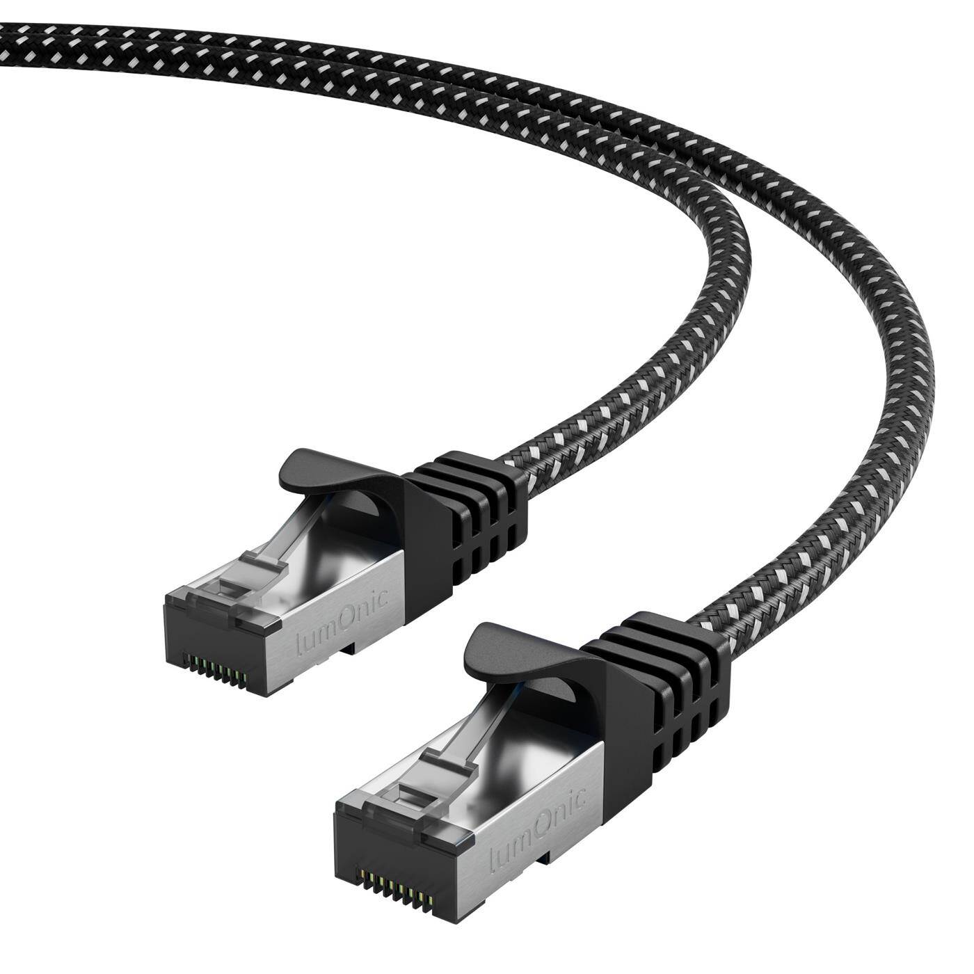 0,5m CAT7 Patchkabel S/FTP RJ45 Schwarz Weiß Premium Nylon Optik Ethernet LAN Netzwerkkabel