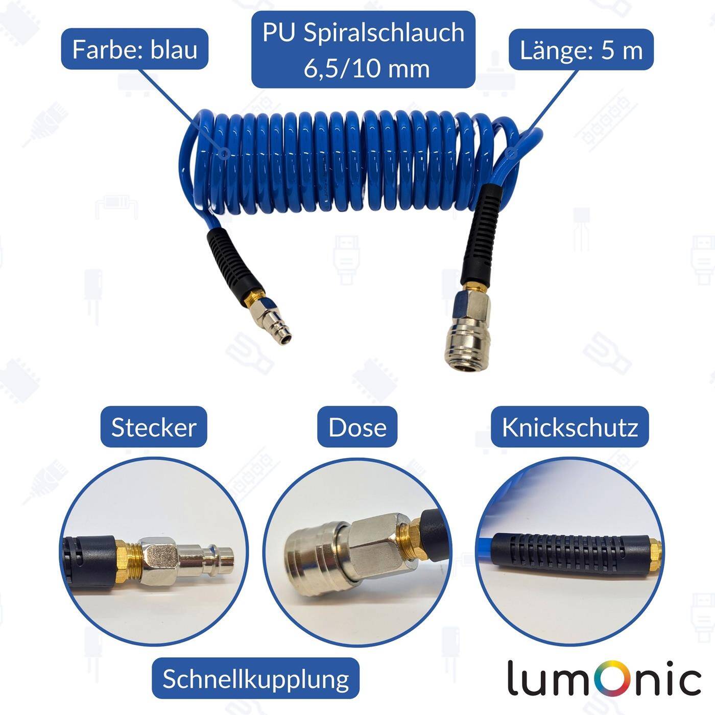 PU Spiralschlauch Premium mit Schnellkupplung 6,5mm/10mm 5m für Kompressoren und Druckluftwerkzeuge flexibel, abriebfest Druckluftverlängerung Dose & Stecker