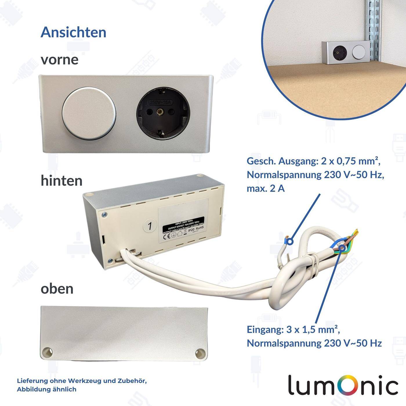 Lumonic MiniBox 1x Schuko Steckdose + 1x Schalter Tischsteckdose silber I Steckdose mit 230V max. 3600W I Perfekt für den Spiegelschrank und Werkstatt