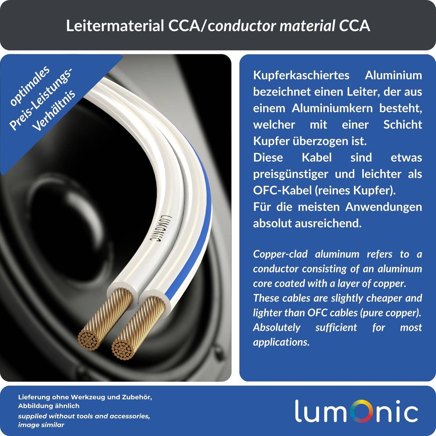 Lumonic Lautsprecherkabel | 100m Weiß | 2x 1,5mm² CCA | blaue Markierung HiFi Boxenkabel | Audio Zwillingsleitung