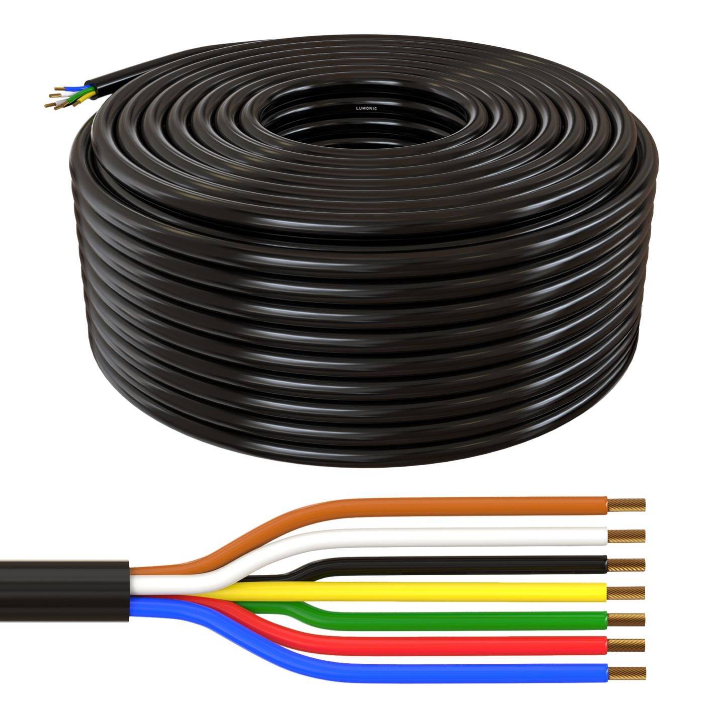 Lumonic 20m FLRYY Vehicle cable 7x1mm² black | 7-core | Trailer cable | Multi-core automotive cable | Oil and fuel-resistant, flame-retardant | Low voltage