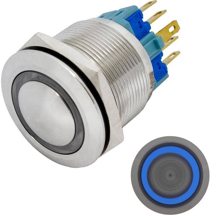 Edelstahl Druckschalter gewölbt Ø25mm Ring LED Blau IP65 2,8x0,5mm Pins 250V 3A Vandalismussicher