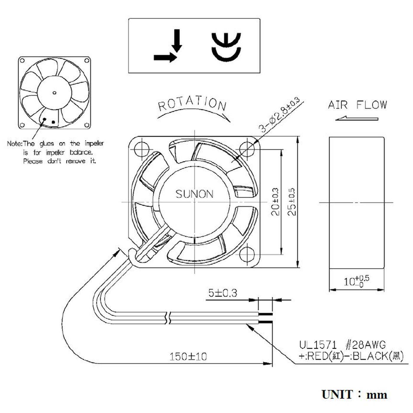 Fan 12V DC 0,36W 25x25x10mm 5,1m³/h 9600U/Min 5,1m³/h Sunon MF25101V21000UA99