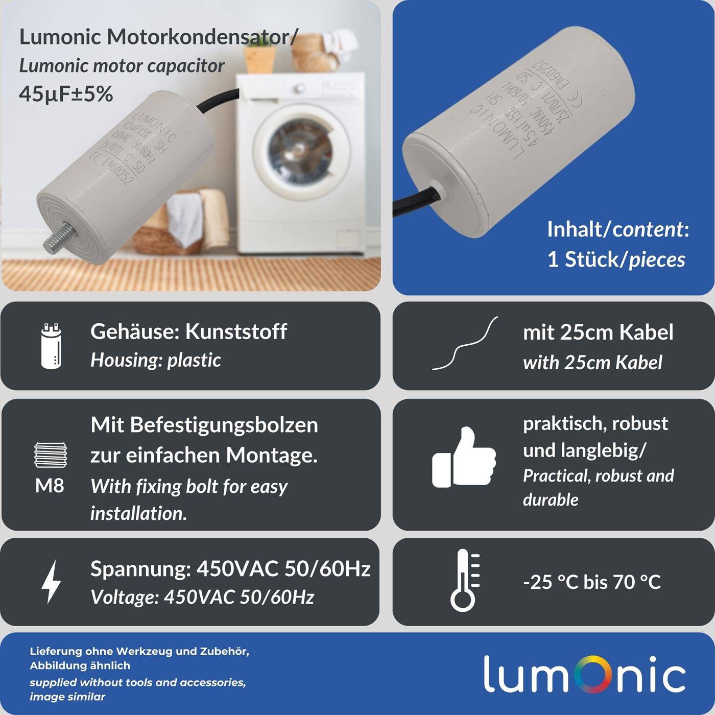 Lumonic Anlaufkondensator 45µF 450V | mit Kabel I 45x84mm I 45uF I Motorkondensator mit Kunststoffgehäuse I Betriebskondensator I für Pumpen, Rasenmäher, Werkzeuge