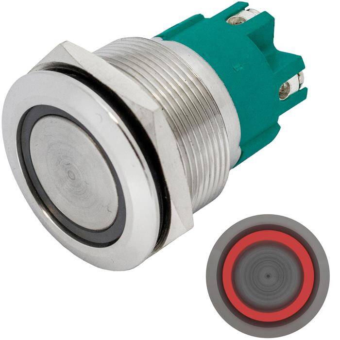 Stainless steel Pressure switch Flat Ø25mm Ring LED Red IP65 Screw Connection 250V 3A Vandal-proof