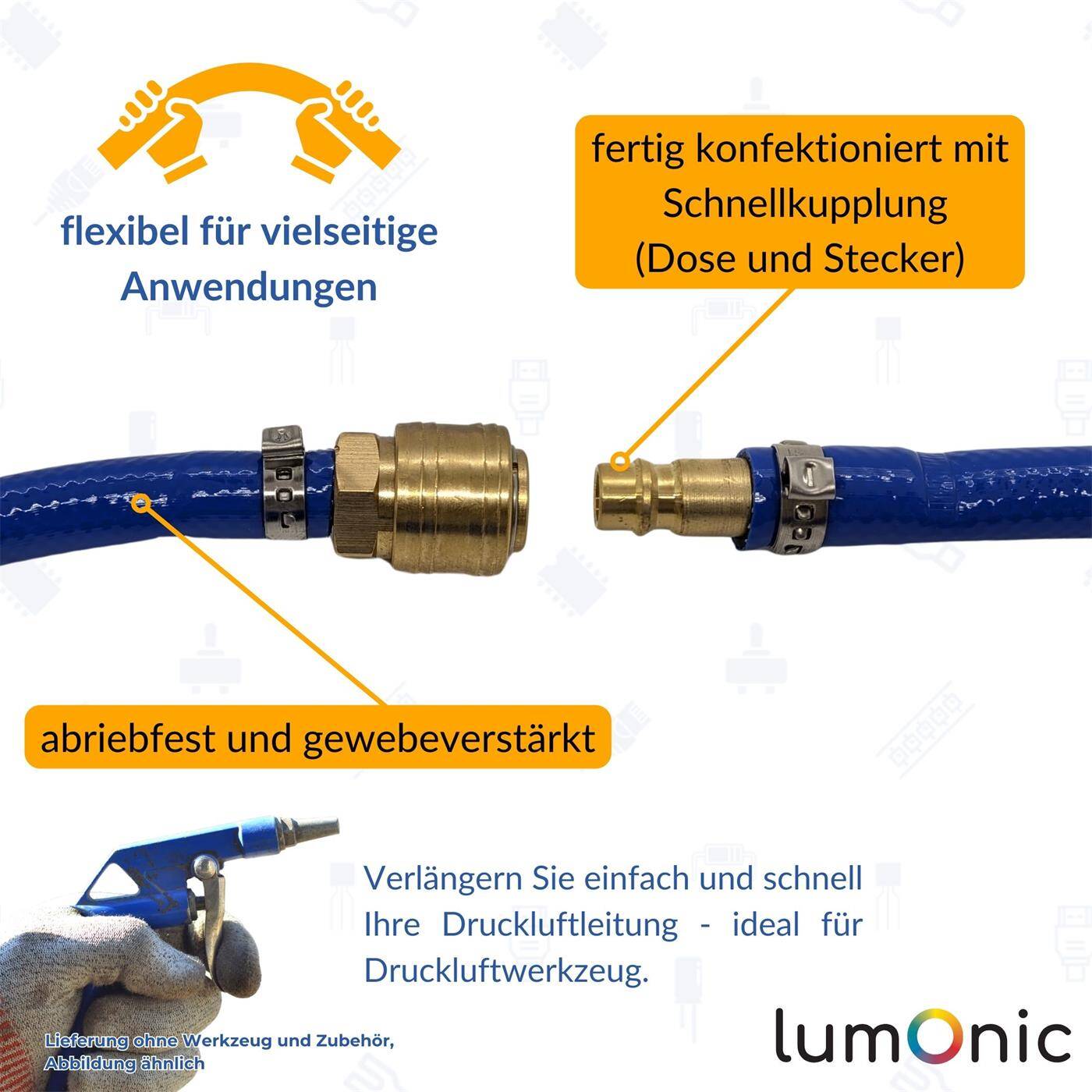50m Druckluftschlauch mit Schnellkupplung 13mm PVC Druckluftverlängerung Dose & Stecker fertig konfektioniert flexibel, abriebfest und gewebeverstärkt 50m Druckluftschlauch mit Schnellkupplung 13mm PVC Druckluftverlängerung Dose & Stecker fertig konfektioniert flexibel, abriebfest und gewebeverstärkt