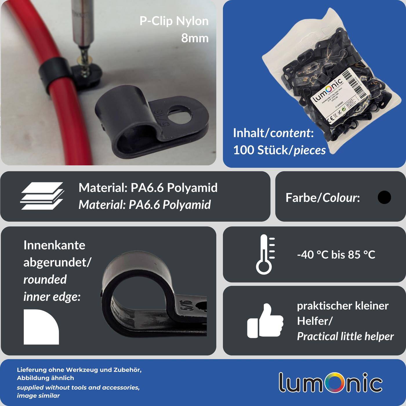 Lumonic Kabelclip Set 100x P-Clip I Perfekt geeignet für Kabel mit 8mm Durchmesser 5/16" I Auch als: Kabelschelle, Kabelhalter und Chassisklemmen einsetzbar
