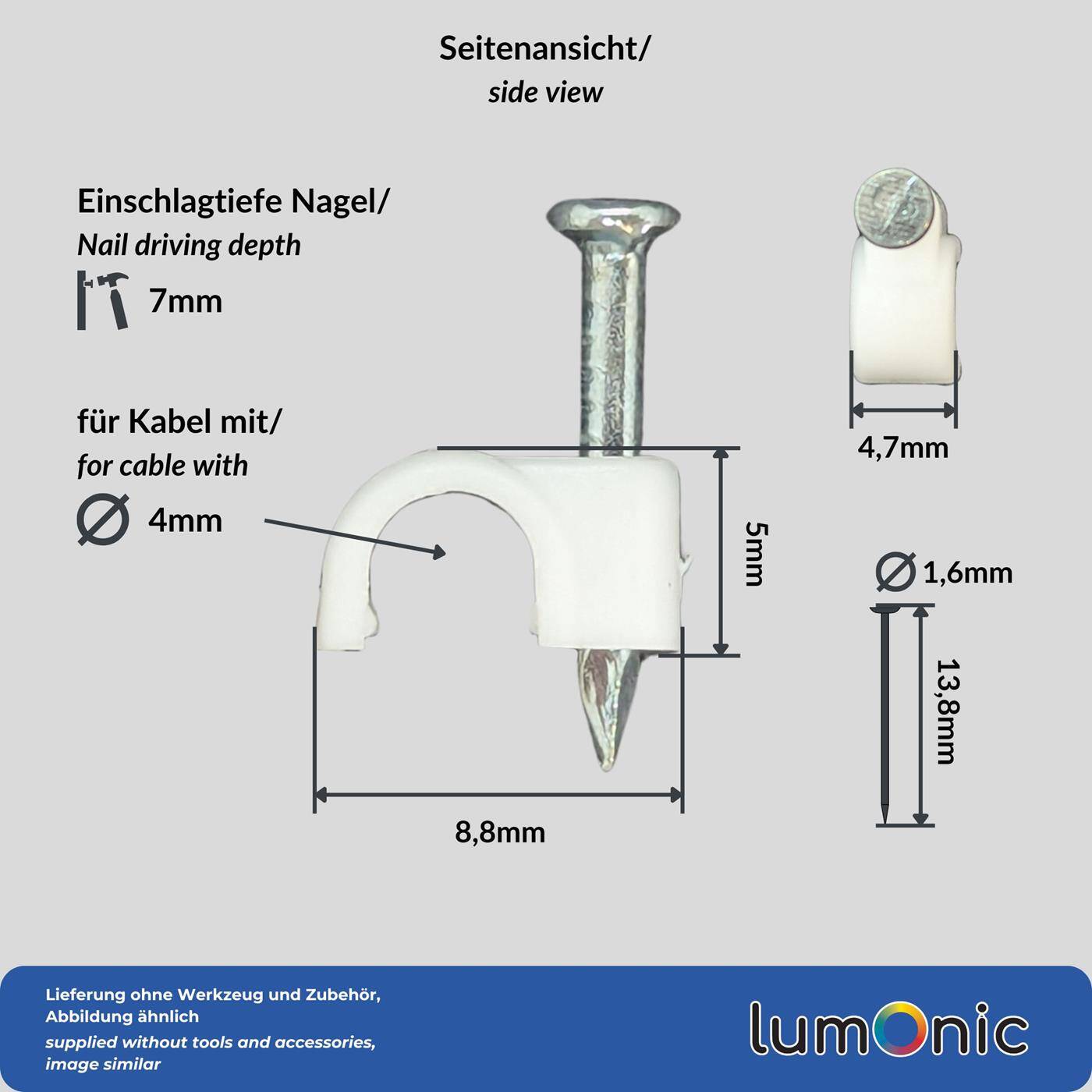Lumonic 100x Nagelschelle 4mm für Kabel weiss - Kabelschelle mit 14mm Nagel z.B. zur Befestigung an der Wand - Kabelklemmen verschiedene Größen 4-14mm
