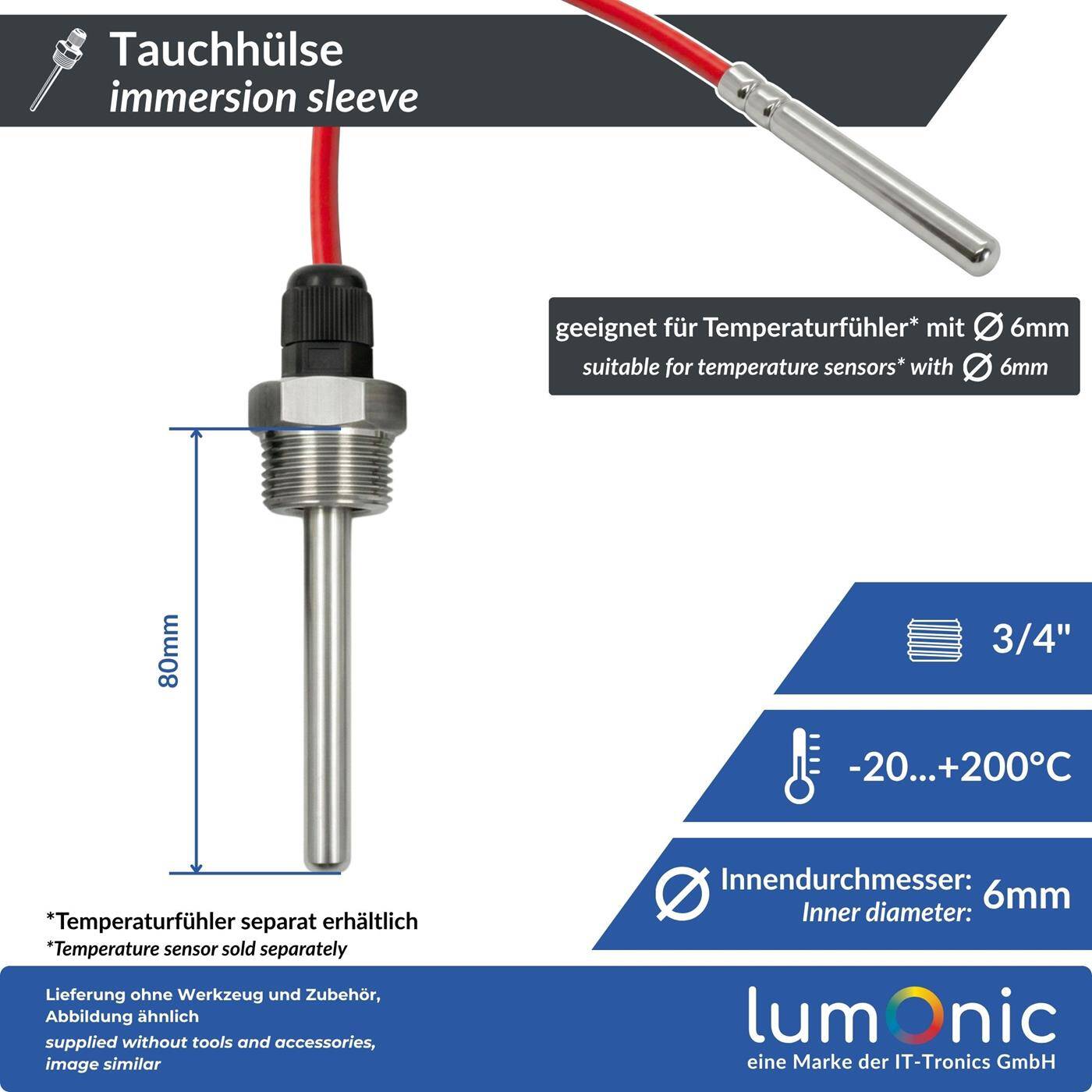 Lumonic Immersion sleeve V2A stainless steel 3/4 inch | 80mm Installation length | Perfect fit for 6mm temperature sensors | for buffer storage, heating, solar + smart home