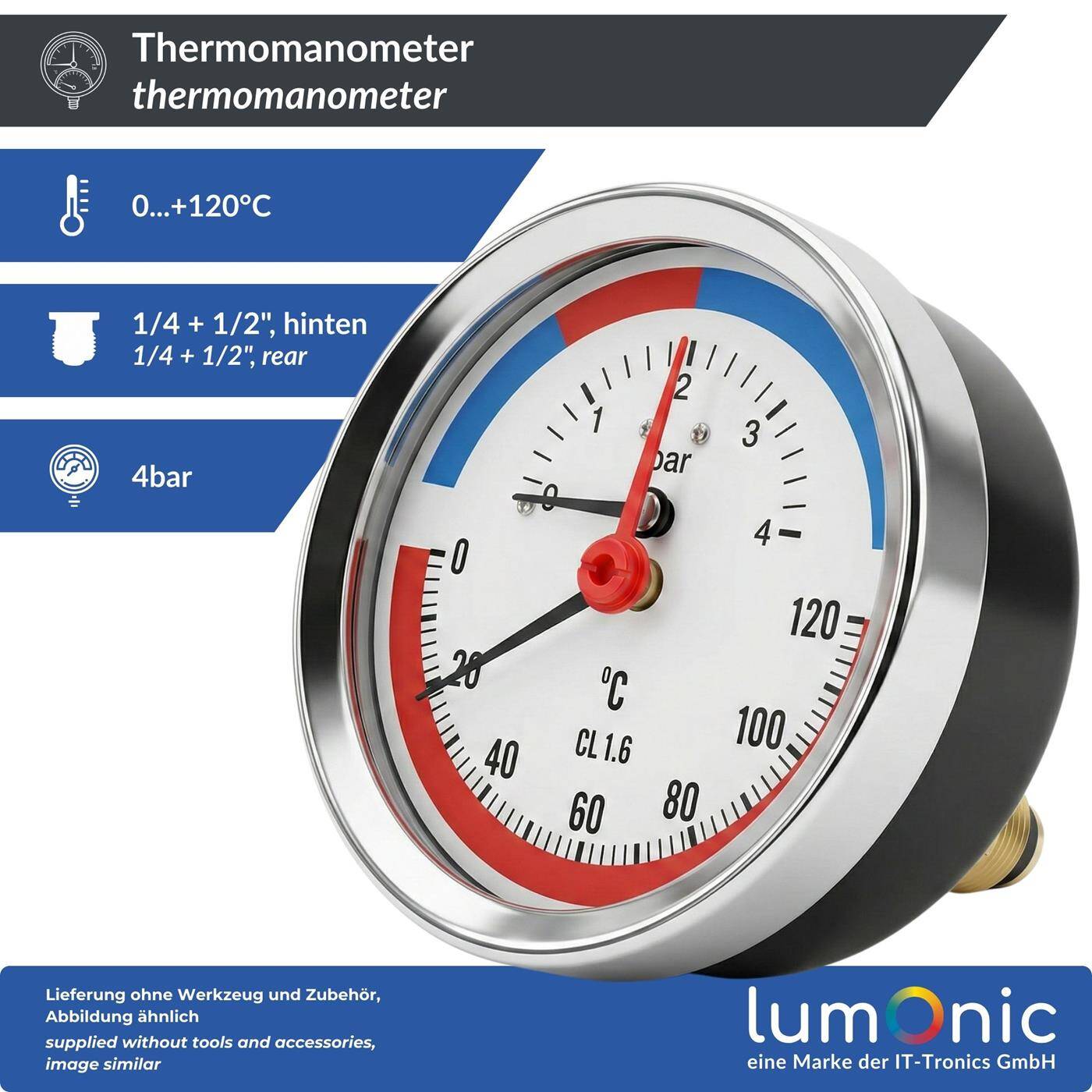 Lumonic Thermomanometer 4bar 0-120°C | 1/4 + 1/2 inch (adapter) | Rear connection | Ø 80mm, large scale | Heating pressure gauge | Metal housing