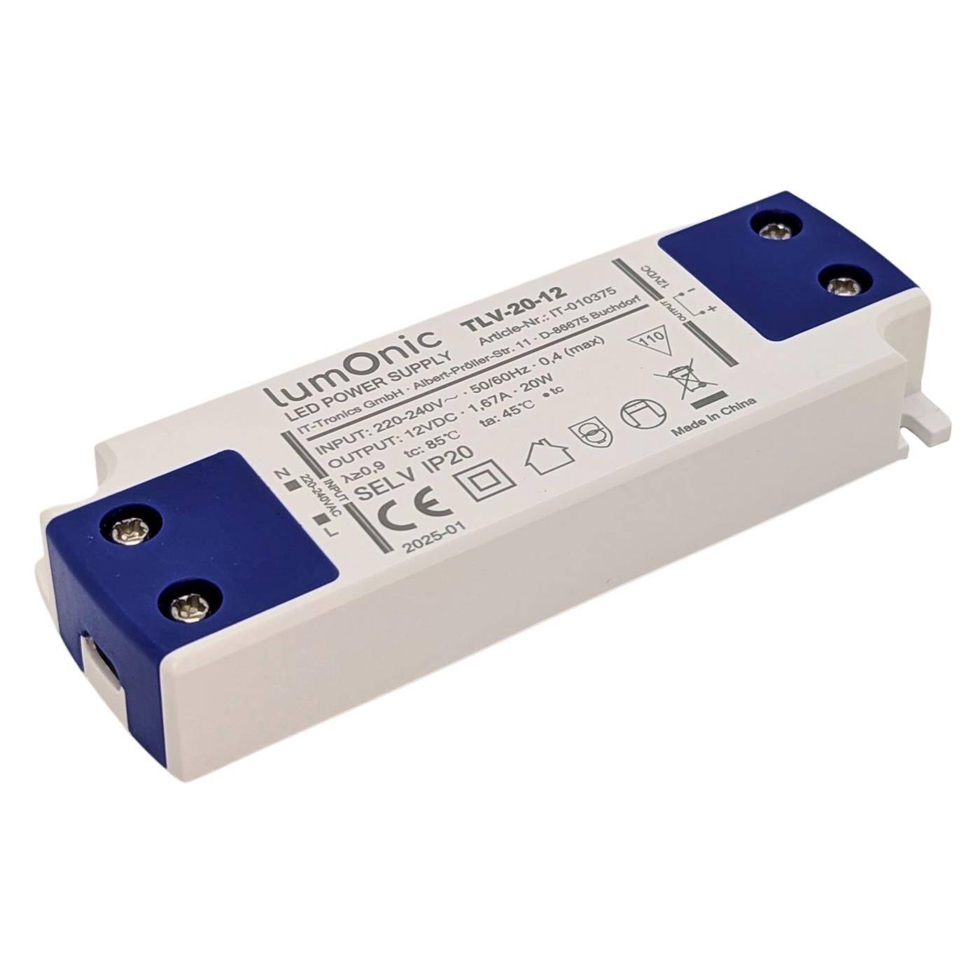 Lumonic I LED Trafo TLV-20-12 I 12V 20W I Input 220-240VAC I flimmerfrei & ultradünn I Überlastschutz I LED-Netzteil I für LED-Beleuchtung & LED-Streifen