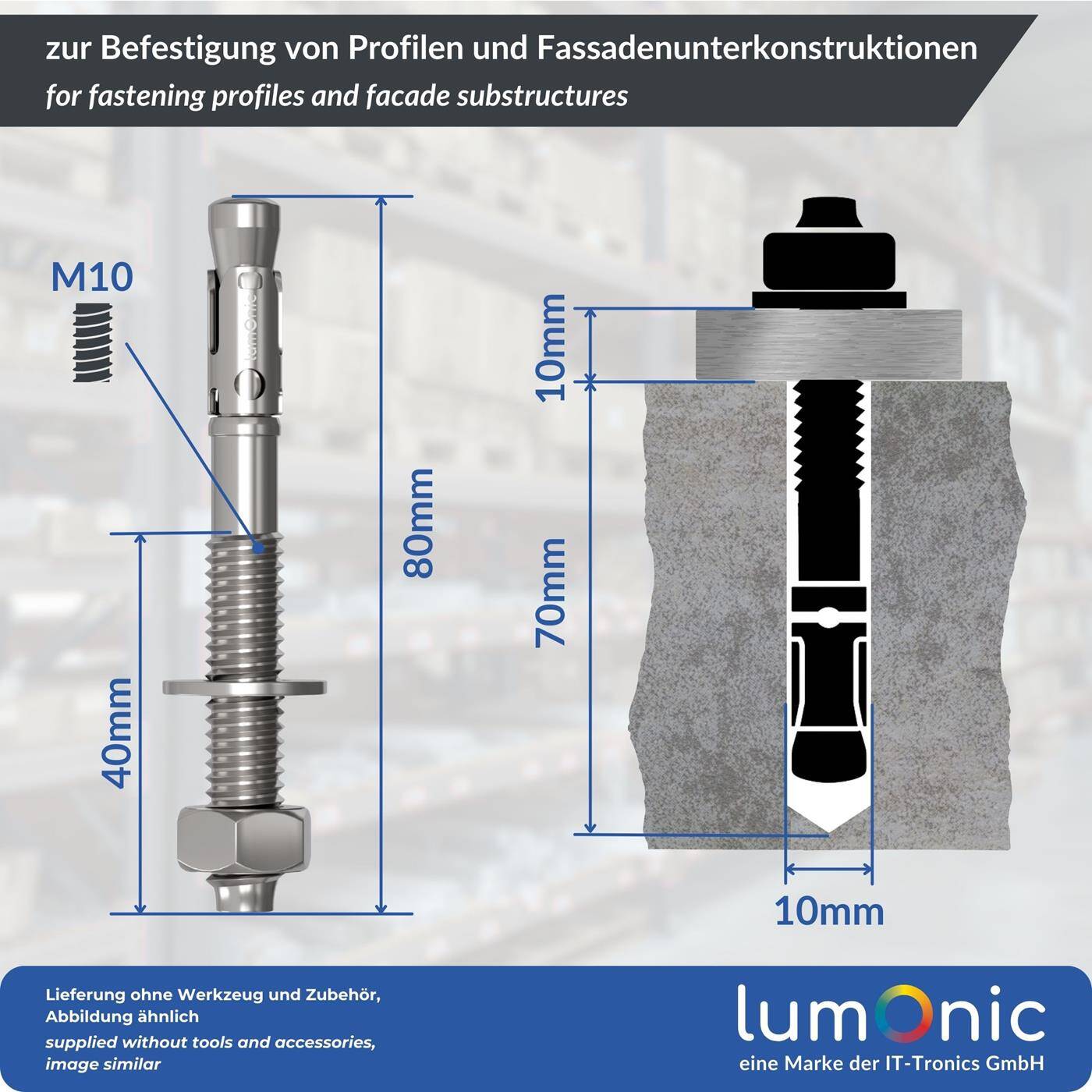 Lumonic Schwerlastdübel M10 x 80mm | hochwertige Edelstahl V2A Keilanker | Durchsteckmontage,  | Betonanker, Schwerlastanker | für Überdachungen, Geländer, Regale, Trennwände