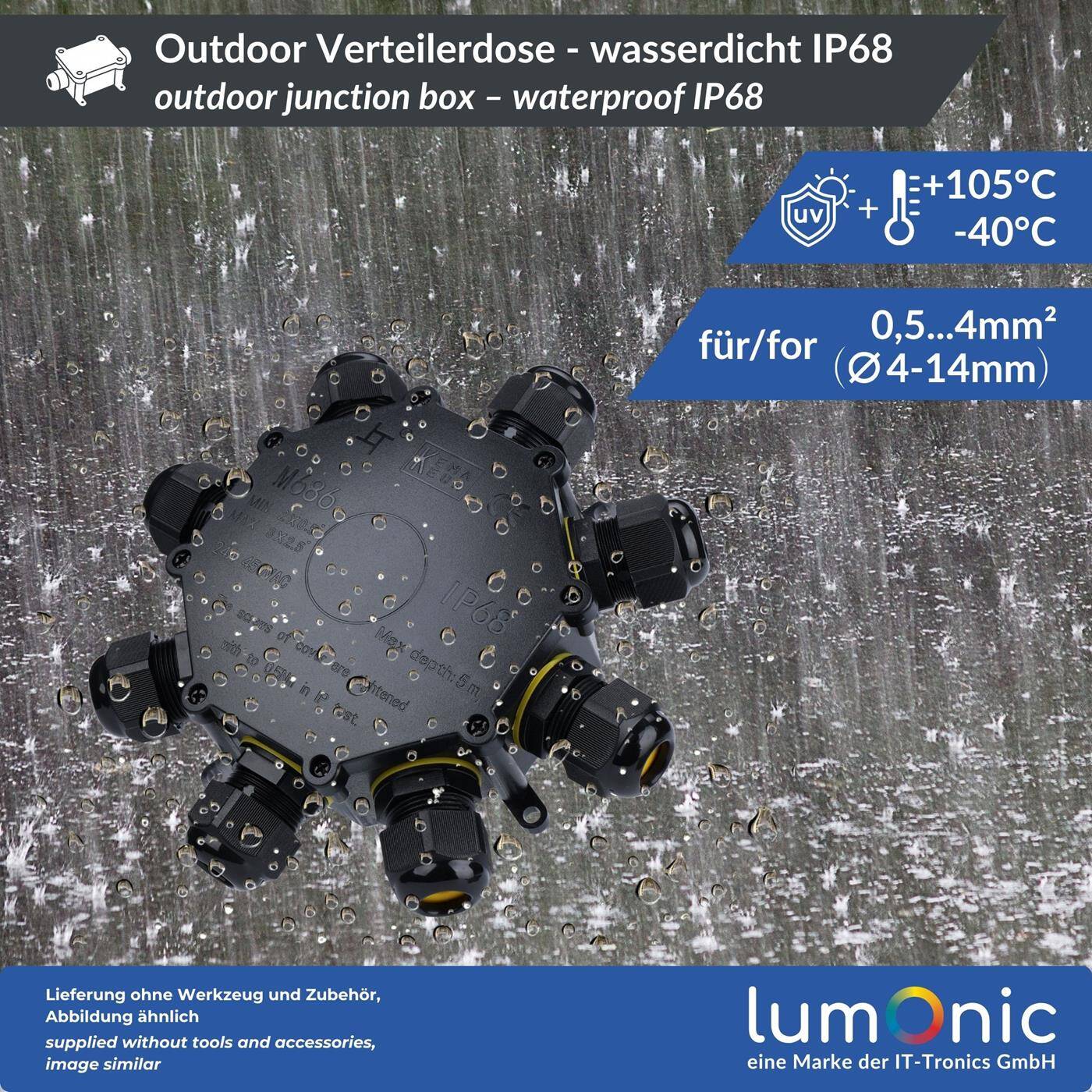 Lumonic 8-Wege Abzweigdose wasserdicht IP68 | schnelle, sichere Kabelverteilung | für Kabel 0,5-4mm² | UV-Beständig, -40°C bis+ 105°C | Verteilerdose für Outdoor, Garten, Erdkabel