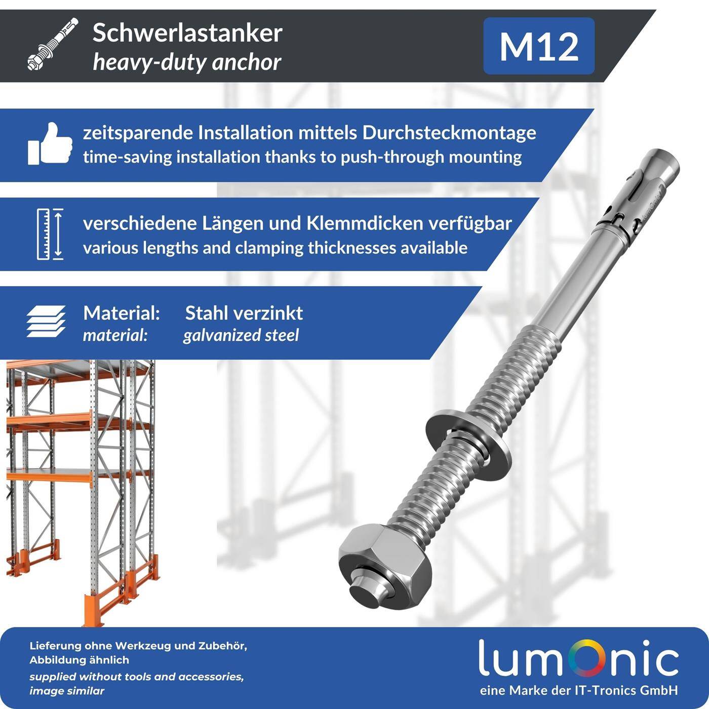 Lumonic Schwerlastdübel M12 x 200mm | hochwertige Keilanker verzinkt | Durchsteckmontage, SOFORT BELASTBAR | Betonanker, Schwerlastanker | für Überdachungen, Geländer, Regale, Trennwände