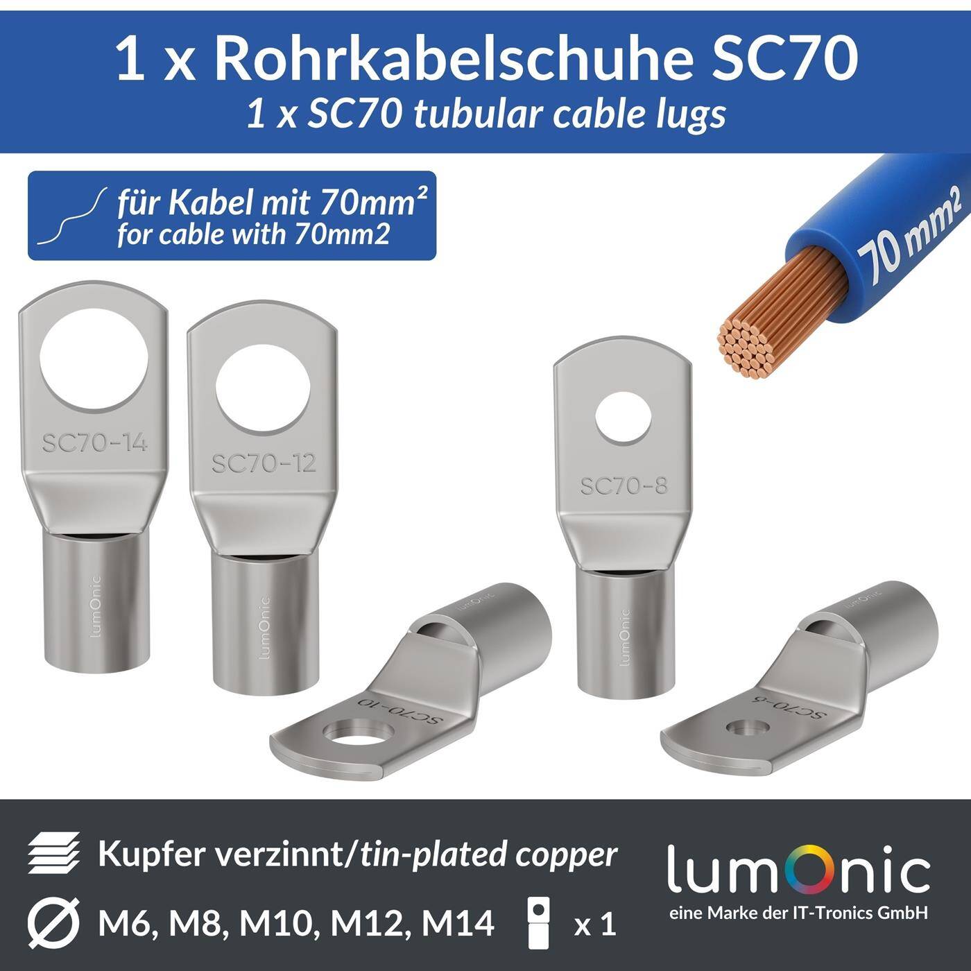 Lumonic 1x Rohrkabelschuh 70mm² blank | M6 | Kupfer verzinnt | Kabelverbindung ohne Löten | SC70-6, Crimp-Kabelschuh, Quetschverbinder | KFZ, Maschinenbau, Wohnmobil, Batterie
