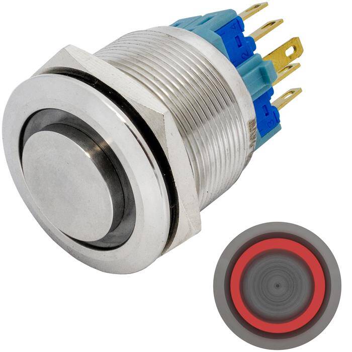 Edelstahl Druckschalter erhaben Ø25mm Ring LED Rot IP65 2,8x0,5mm Pins 250V 3A Vandalismussicher