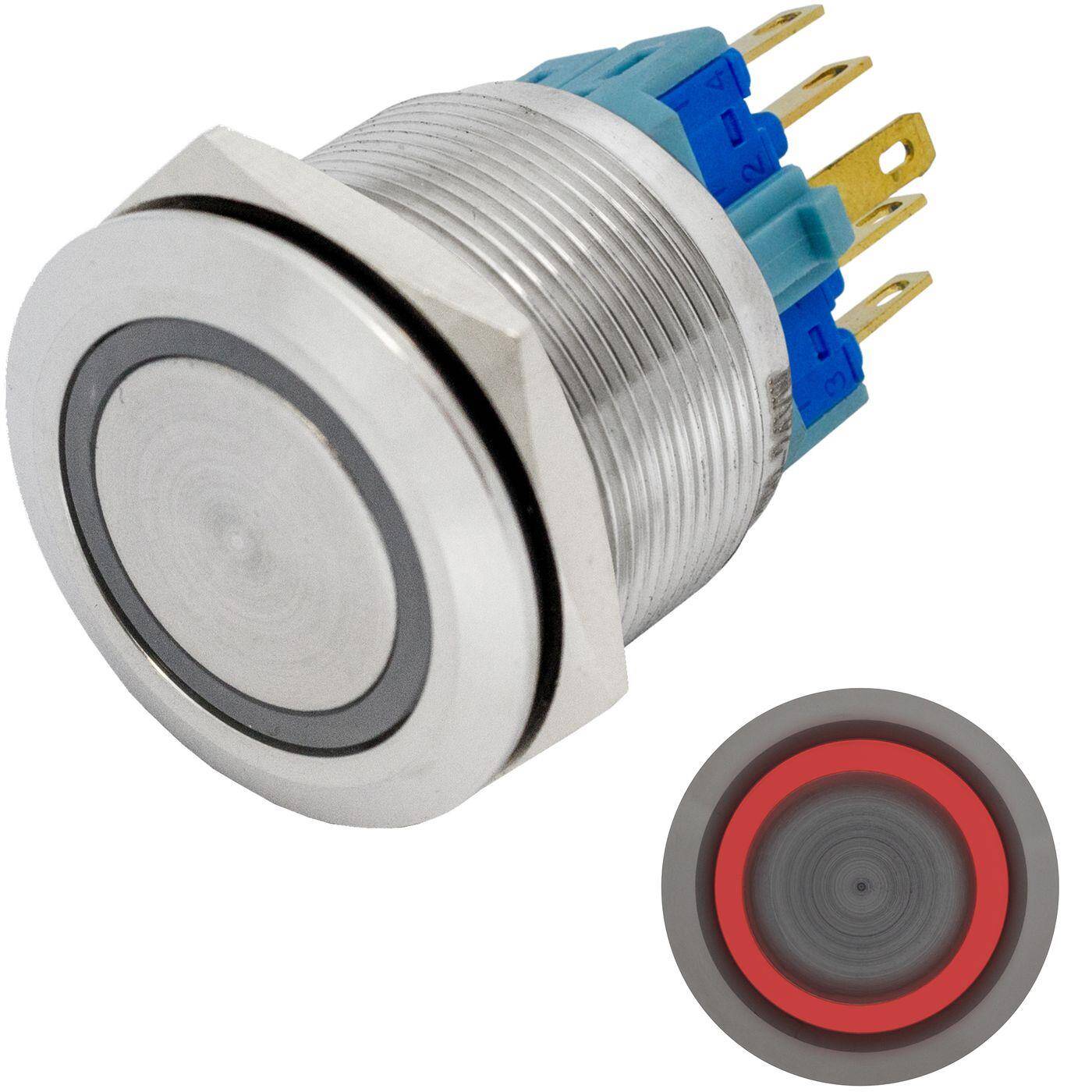 Stainless steel Pressure switch Flat Ø25mm Ring LED Red IP65 2,8x0,5mm Pins 250V 3A Vandal-proof