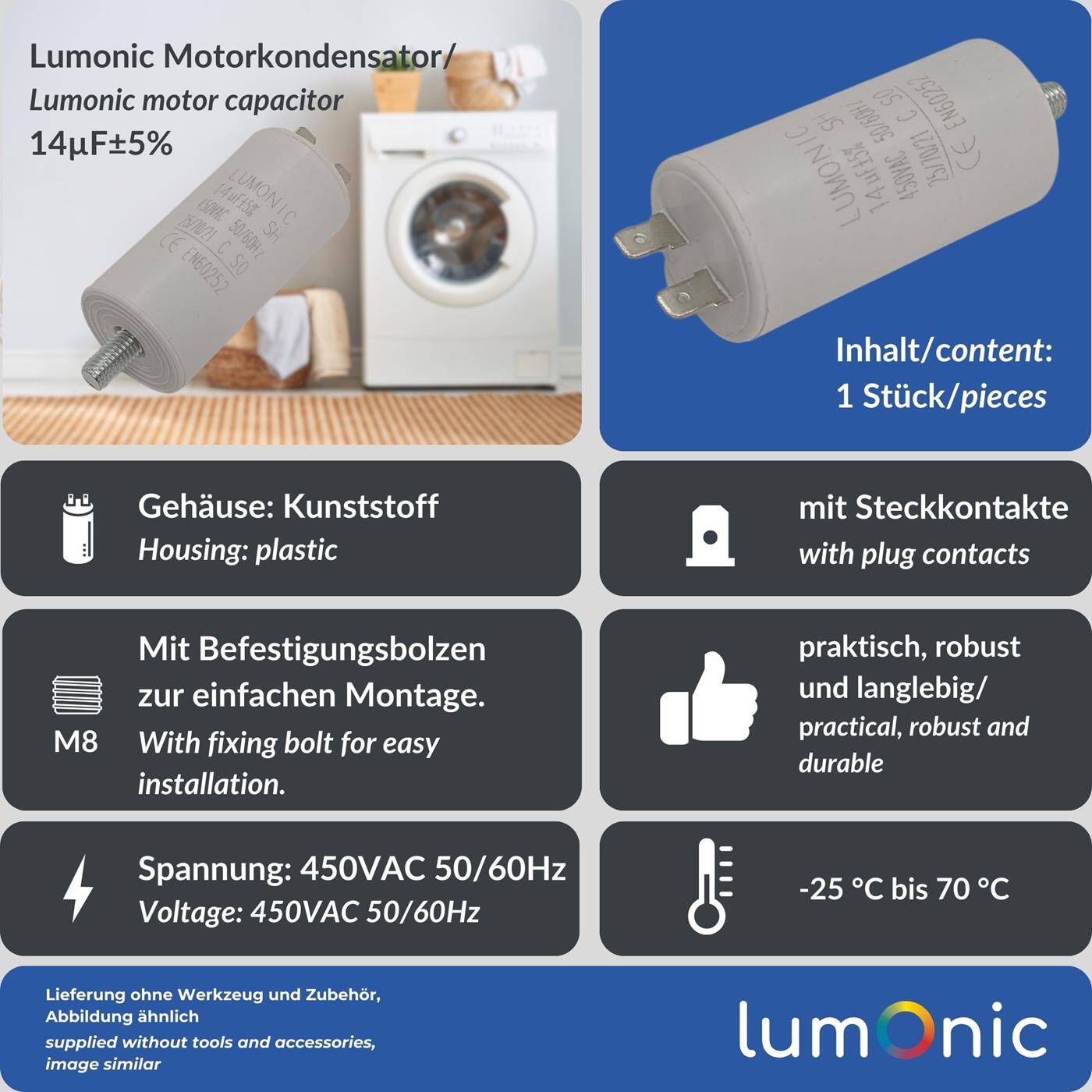 Lumonic Anlaufkondensator 14µF 450V | mit Stecker I 34x70mm I 14uF I Motorkondensator mit Kunststoffgehäuse I Betriebskondensator I für Pumpen, Rasenmäher, Werkzeuge
