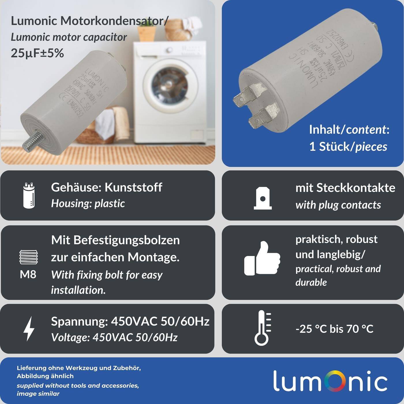 Lumonic Starting capacitor 25µF 450V | with Plug I 38x75mm I 25uF I Motor capacitor with plastic housing I Operating capacitor I for pumps, lawn mowers, tools
