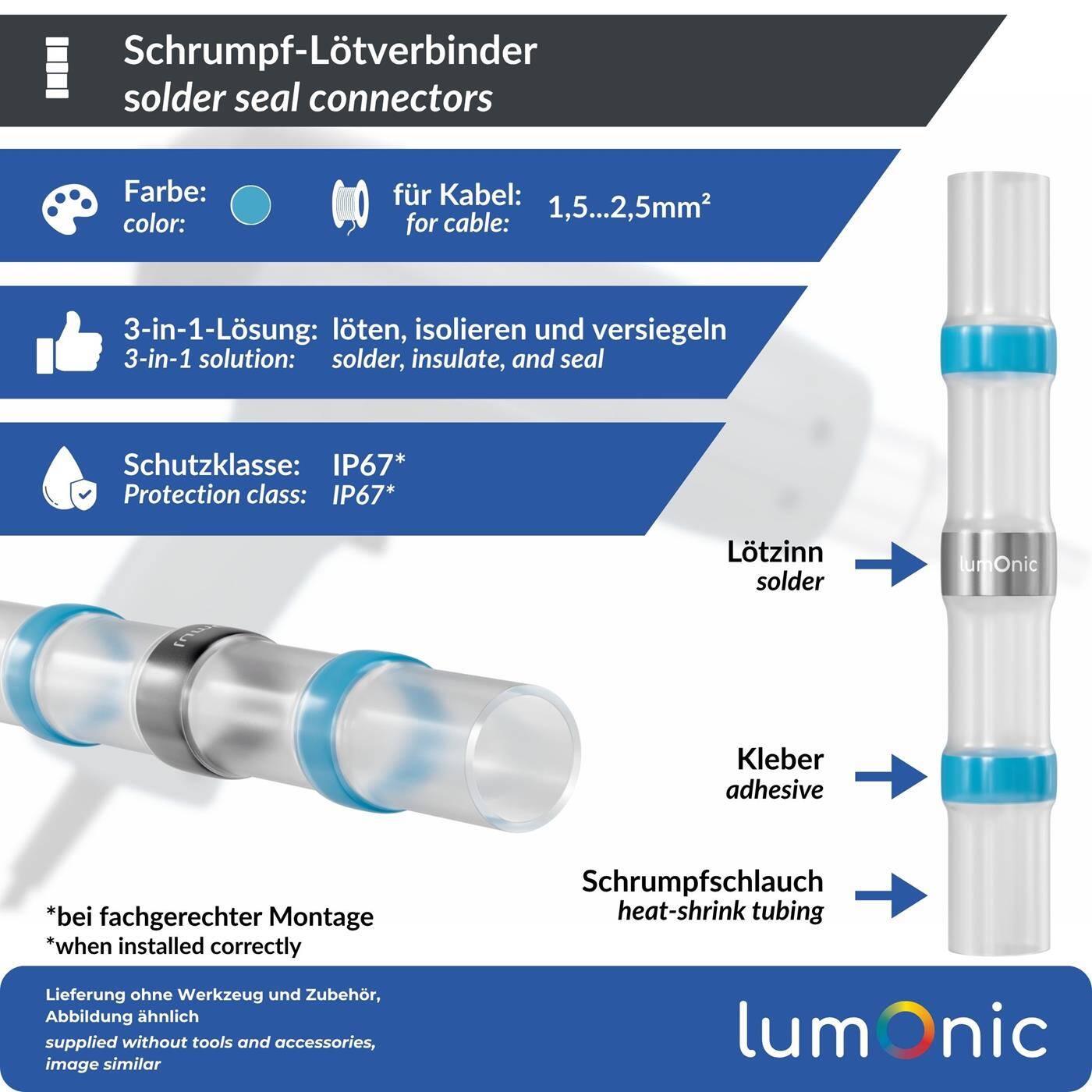 Lumonic 10x Schrumpf Lötverbinder  mit Schrumpfschlauch | 1,5-2,5mm² | Blau | WarmSchrumpf Kabelverbinder | Wasserdicht IP67 | Kabel Reparatur