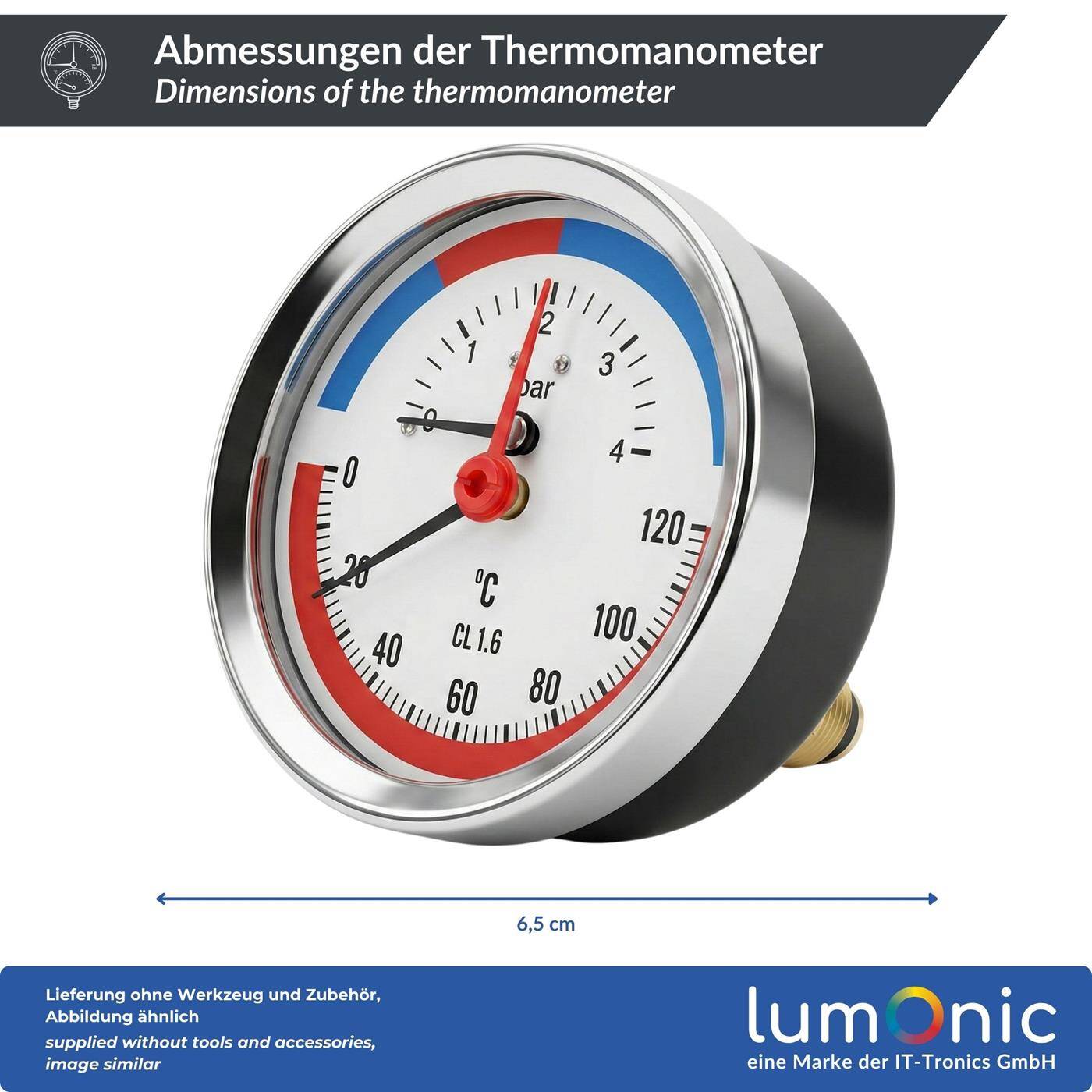 Lumonic Thermomanometer 4bar 0-120°C | 1/4 + 1/2 inch (adapter) | Rear connection | Ø 80mm, large scale | Heating pressure gauge | Metal housing