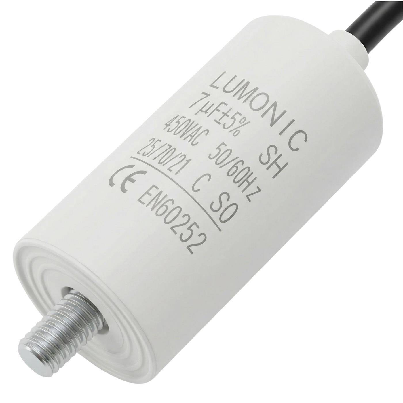 Lumonic Anlaufkondensator 7µF 450V | mit Kabel I 30x60mm I 7uF I Motorkondensator mit Kunststoffgehäuse I Betriebskondensator I für Pumpen, Rasenmäher, Werkzeuge