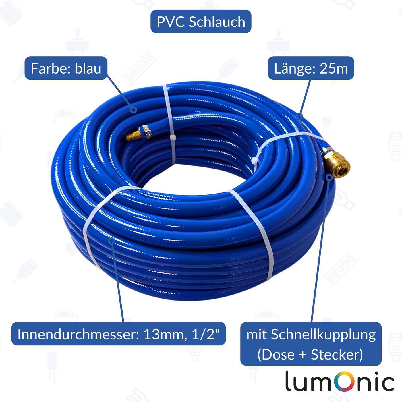 25m Druckluftschlauch mit Schnellkupplung 13mm PVC Druckluftverlängerung Dose & Stecker fertig konfektioniert flexibel, abriebfest und gewebeverstärkt