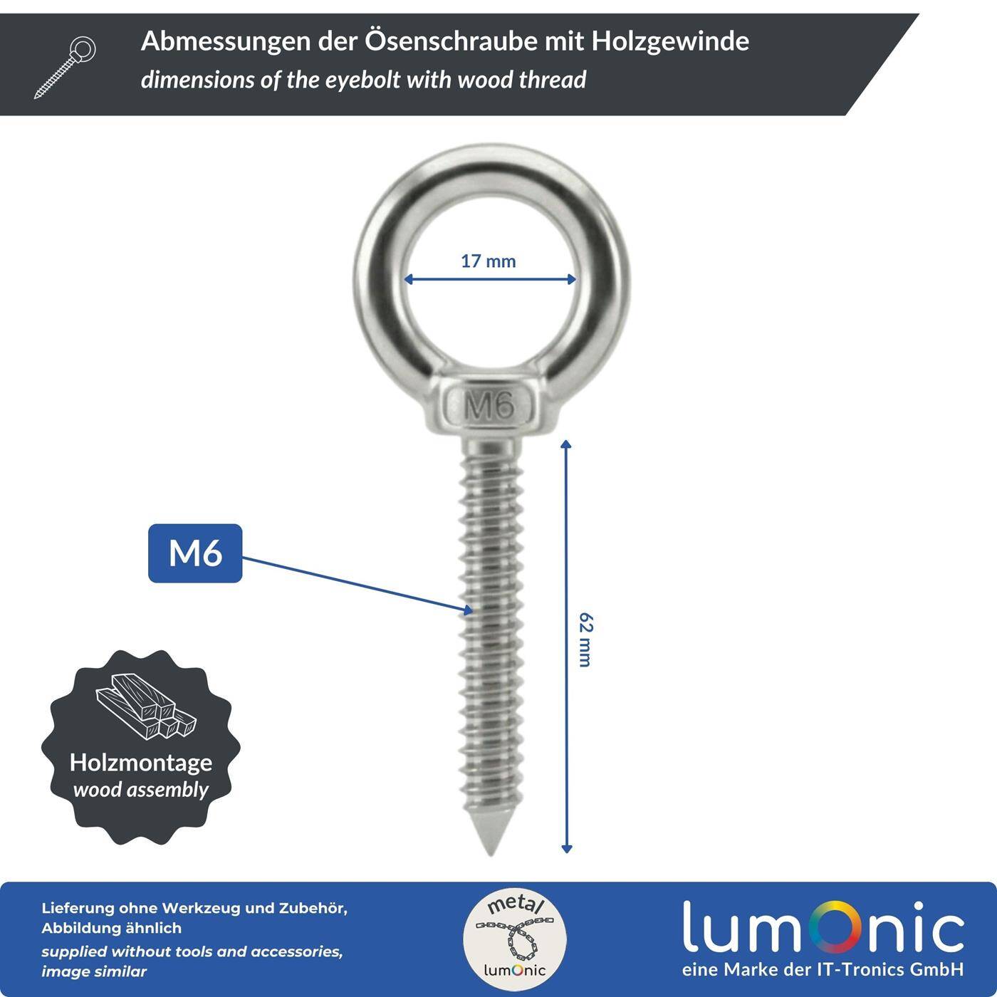 Lumonic Eye bolt V2A stainless steel with wood thread | M6x60mm |  | Attachment to beams/wooden posts | Eyebolt for awning, hammock, swing + chains