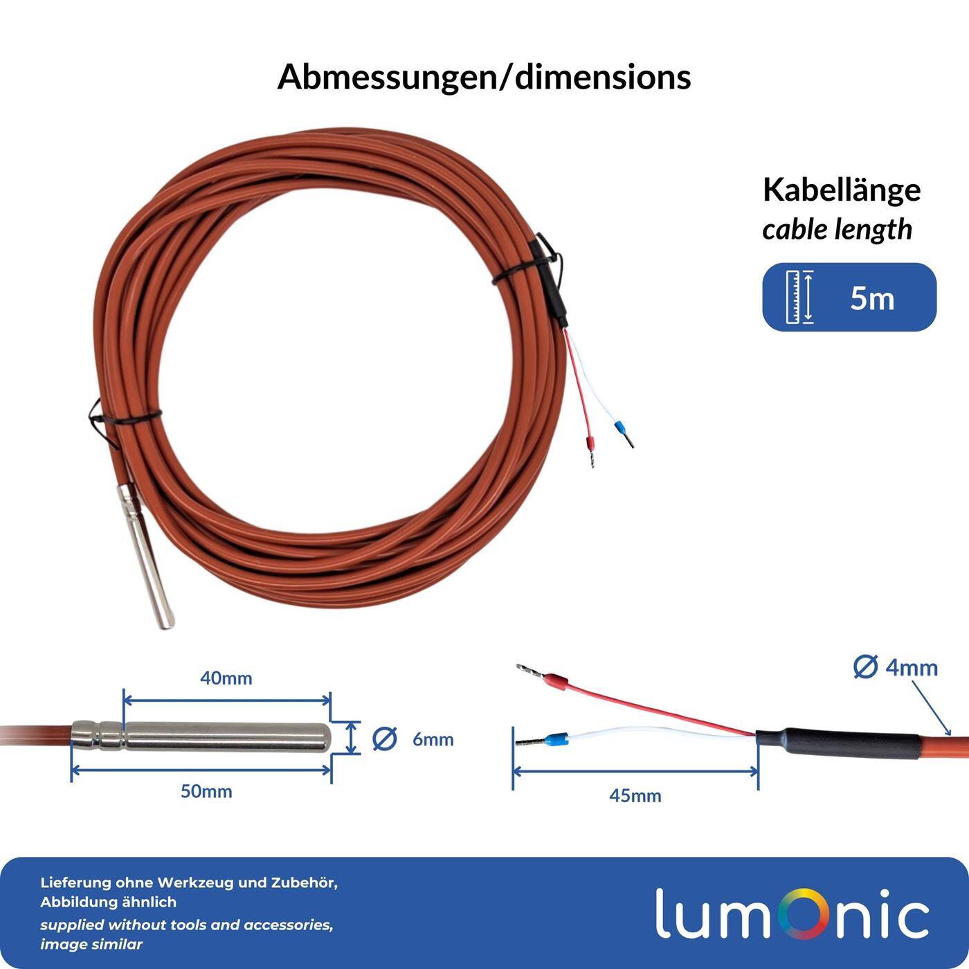 Lumonic Temperaturfühler PT1000 mit Silikonkabel 5m I -50...200°C I 6mm I 2-Leiter-Anschluss I IP65 I Temperatursensor Fühler I für Heizung, Wärmepumpe, Fotovoltaik, Automation