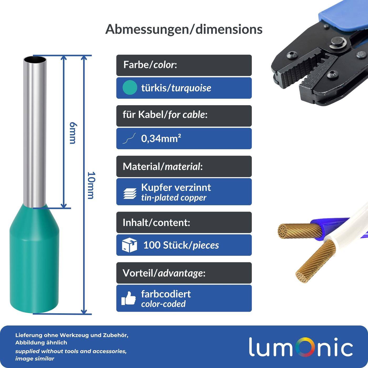 100x Aderendhülse isoliert 0,34mm² Türkis Kupfer verzinnt 0,9x6mm Hülse