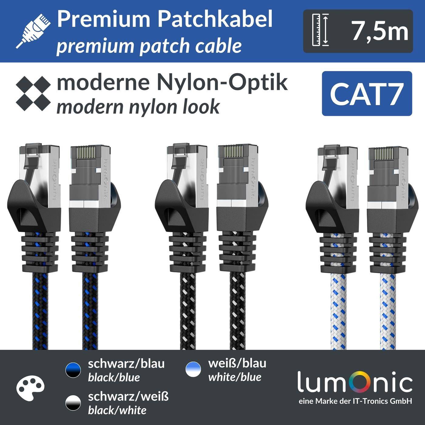 7,5m CAT7 Patchkabel S/FTP RJ45 Schwarz Weiß Premium Nylon Optik Ethernet LAN Netzwerkkabel