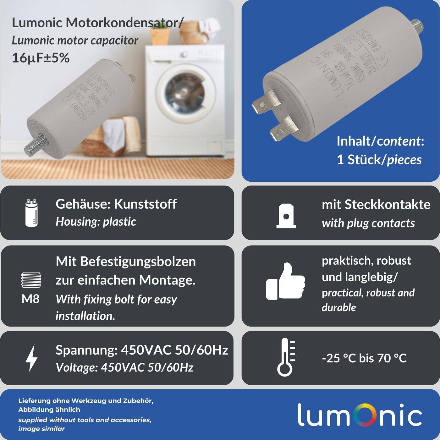 Lumonic Anlaufkondensator 16µF 450V | mit Stecker I 34x70mm I 16uF I Motorkondensator mit Kunststoffgehäuse I Betriebskondensator I für Pumpen, Rasenmäher, Werkzeuge