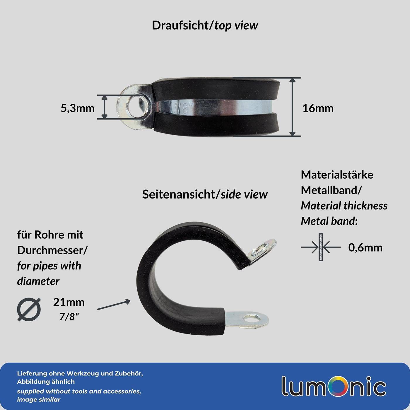 10x P-Clip Leitungsschelle mit Gummi 21mm Rohrschelle Befestigungsschelle