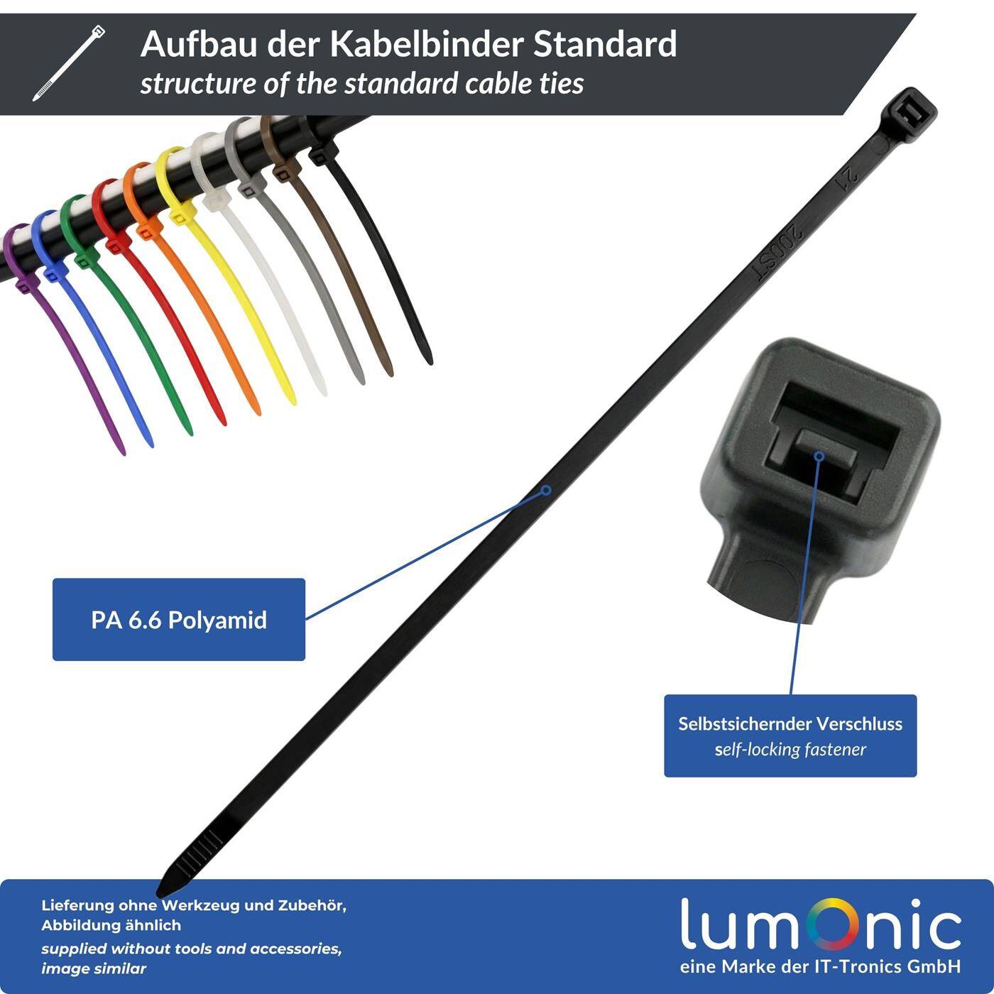 Lumonic 100 Stück Kabelbinder Weiß | 100 × 2,5mm | bis 8,2kg Zugfestigkeit | Nylon PA6.6 | transparent & unauffällig, Industriequalität | Kabelmanagement, Industrie, Werkstatt, Haushalt