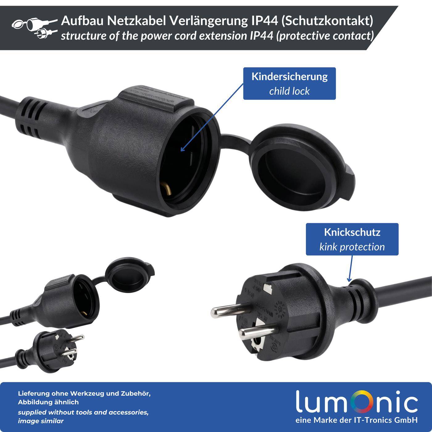 Lumonic Schuko Extension Cord, IP44, Rubber, Black, 3 m, 230 V - Flexible rubber sheath, for the garden and workshop, splash-proof to IP44, outlet with protective cap and child safety lock