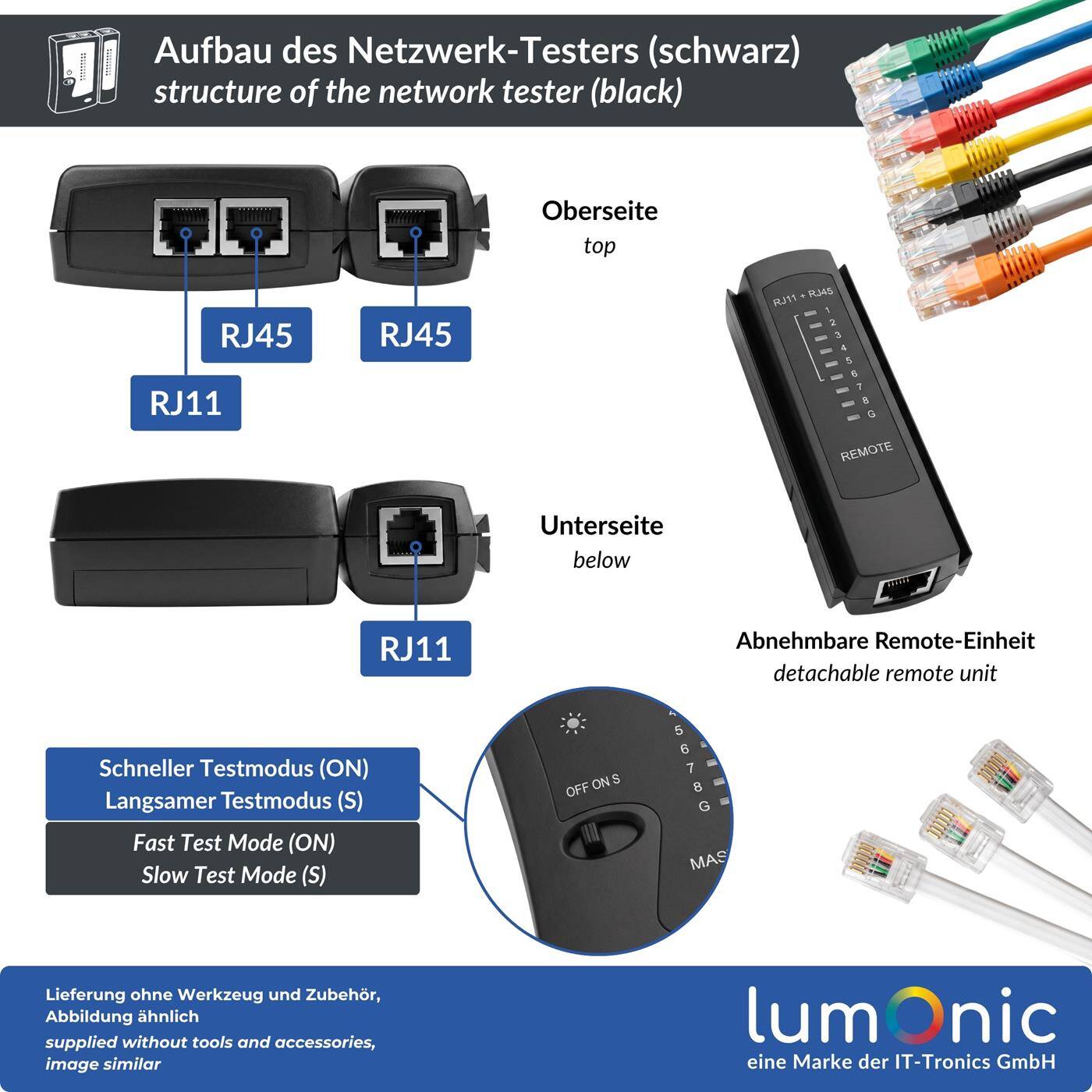 Lumonic Network Tester with Remote Unit for RJ45 and RJ11, Black - Master and Remote Units for Ethernet Cables, RJ45 and RJ11, Continuity Tester, LAN Tester, Network Cable Tester