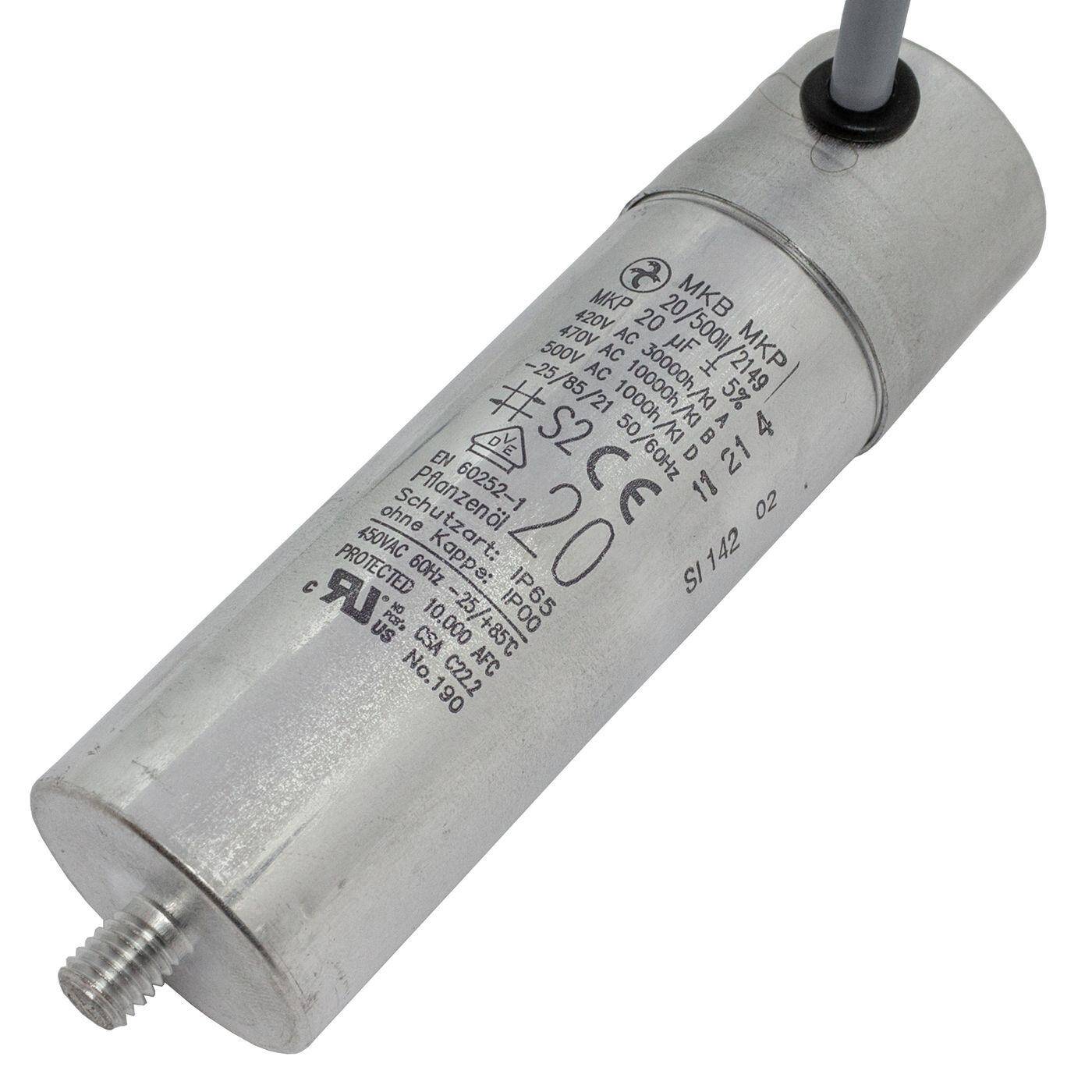Lumonic Anlaufkondensator Hydra MKP-500 20-C inkl. Kabel 40cm | Motorkondensator 20µF 470V 35x120mm I Kondensator mit hochwertigem Metallgehäuse
