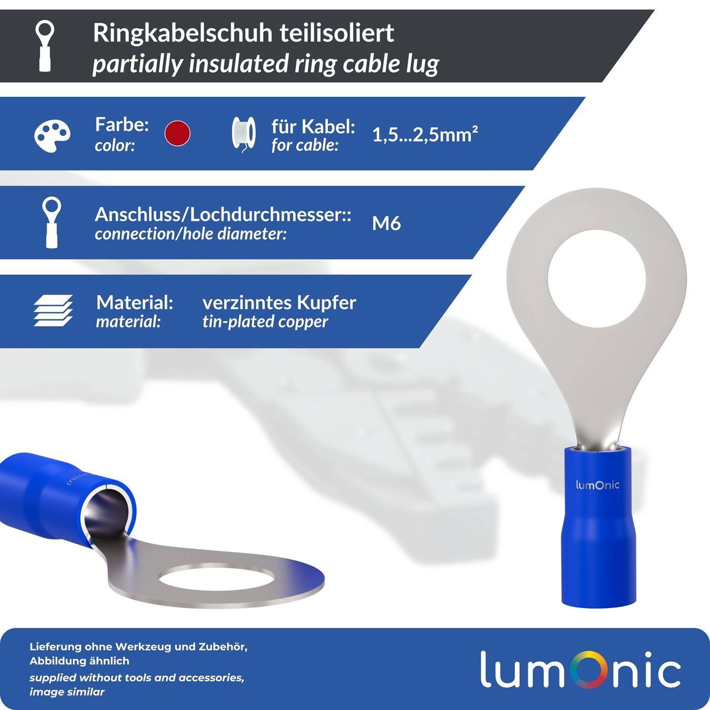 Lumonic 25x Ring cable lug 1,5-2,5mm² Partially insulated | M6 | Tinned copper | Secure cable connection without soldering | Set, crimp cable lug, crimp connector, eyelet | Motor vehicle, mechanical engineering, motorhome, battery