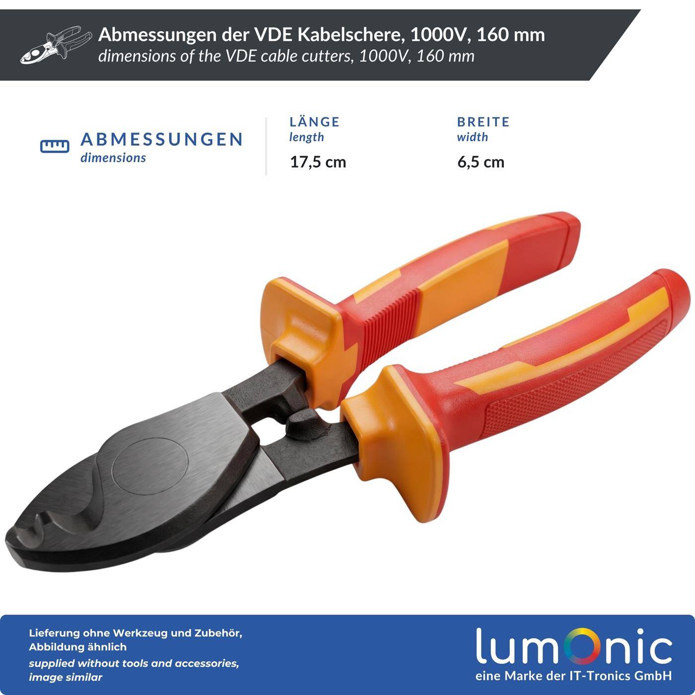 Lumonic VDE Cable Cutters 1000V, up to 22 mm², 160 mm - Hardened cutting edges, 60CrV steel, two-component handle, for supply cables in distribution systems and service connections