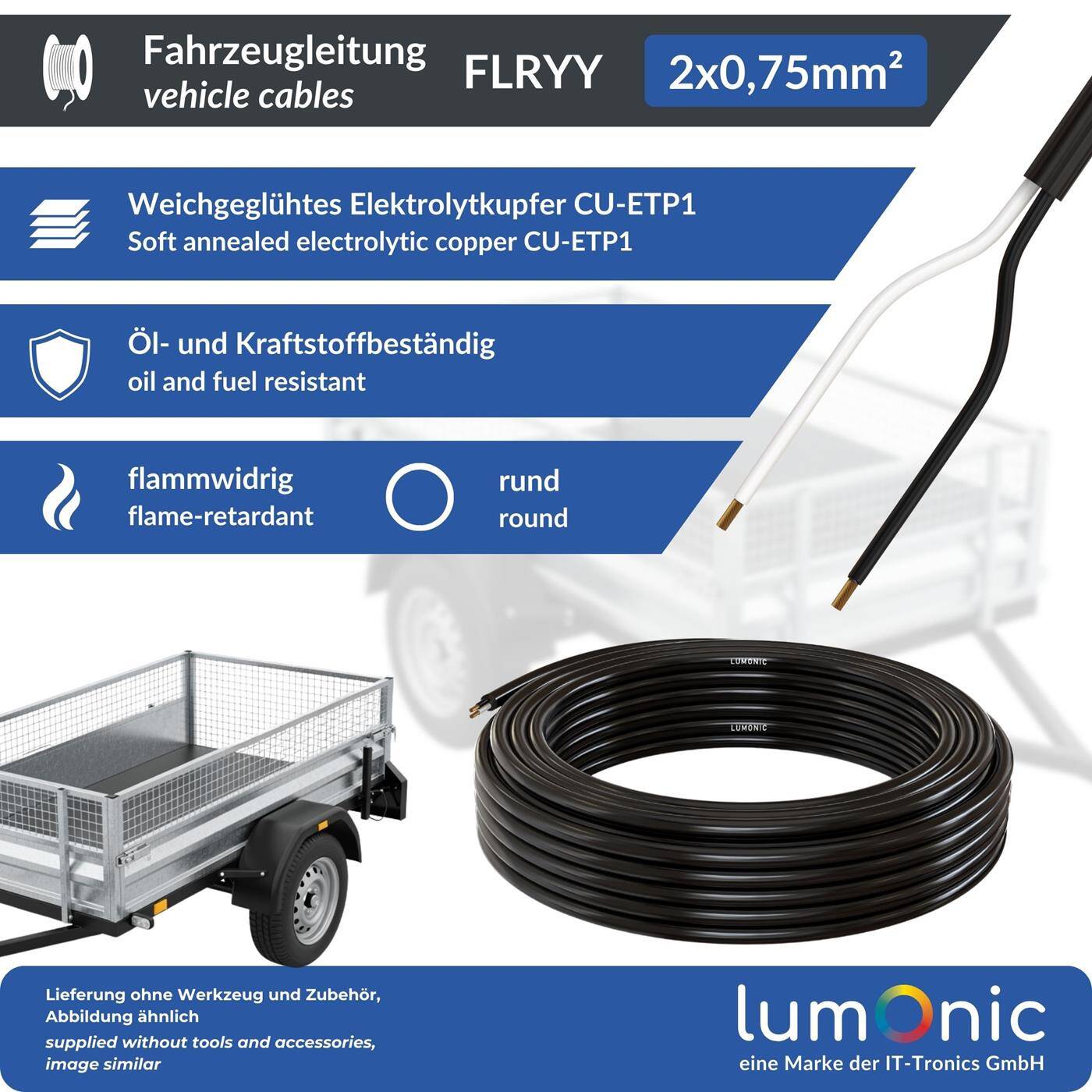 Lumonic 1m FLRYY Fahrzeugleitung 2x0,75mm² schwarz | 2-adrig | Anhängerkabel | mehradriges KFZ-Kabel | Öl- und Kraftstoffbeständig, flammwidrig | Niedervolt