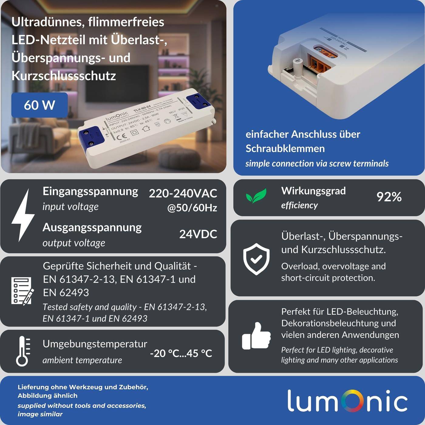 LED Trafo TLV-60-24 24V 60W Input 220-240VAC flimmerfrei & ultradünn Überlastschutz LED-Netzteil für LED-Beleuchtung & LED-Streifen