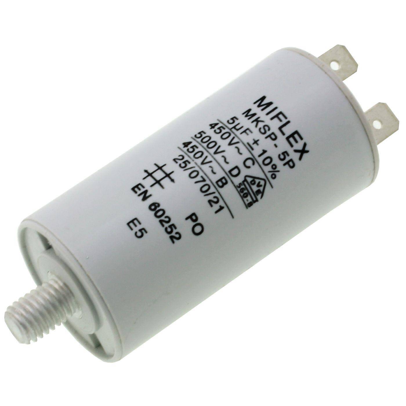Starting capacitor Motor capacitor 5µF 450V 30x58mm Plug 6,3x0,8mm Miflex 5uF Starting capacitor Motor capacitor 5µF 450V 30x58mm Plug 6,3x0,8mm Miflex 5uF