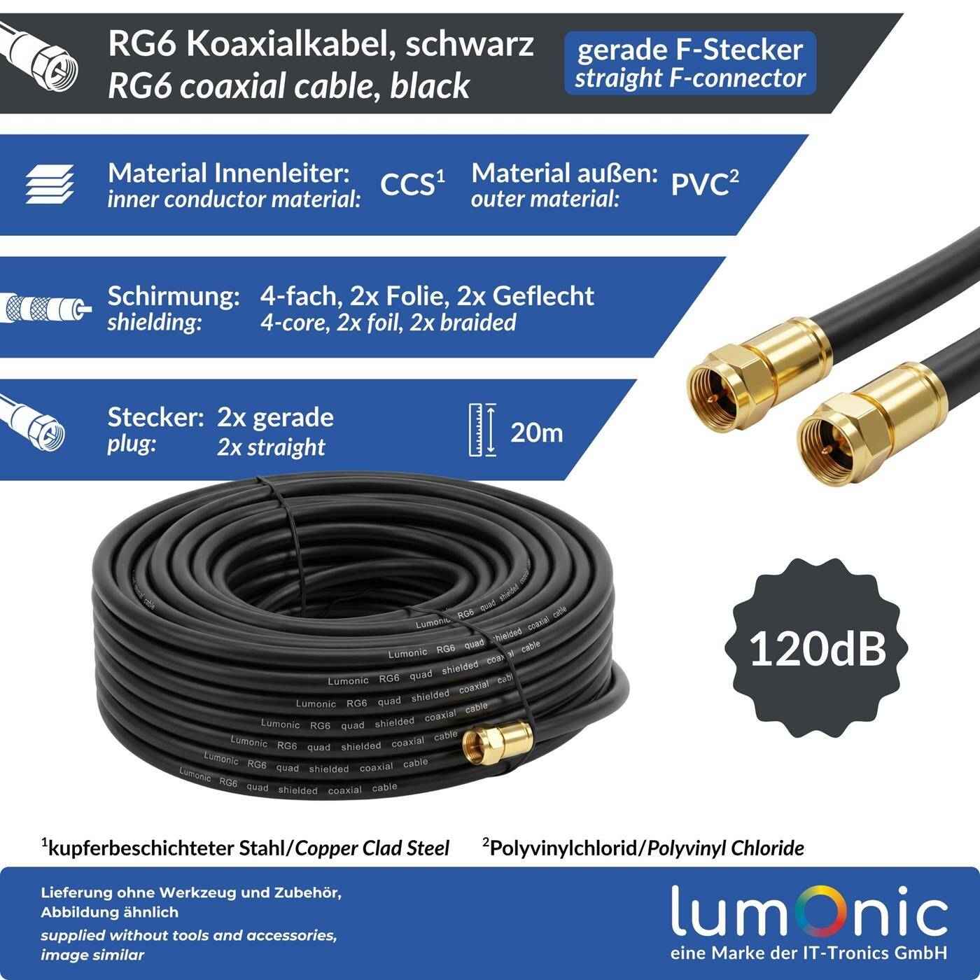 Lumonic 20m Antenna cable RG6 | Gold-plated straight F plugs | black | 4-fold shielded 120dB | ready-made | Coaxial cable, satellite cable, DVB-T2, cable internet